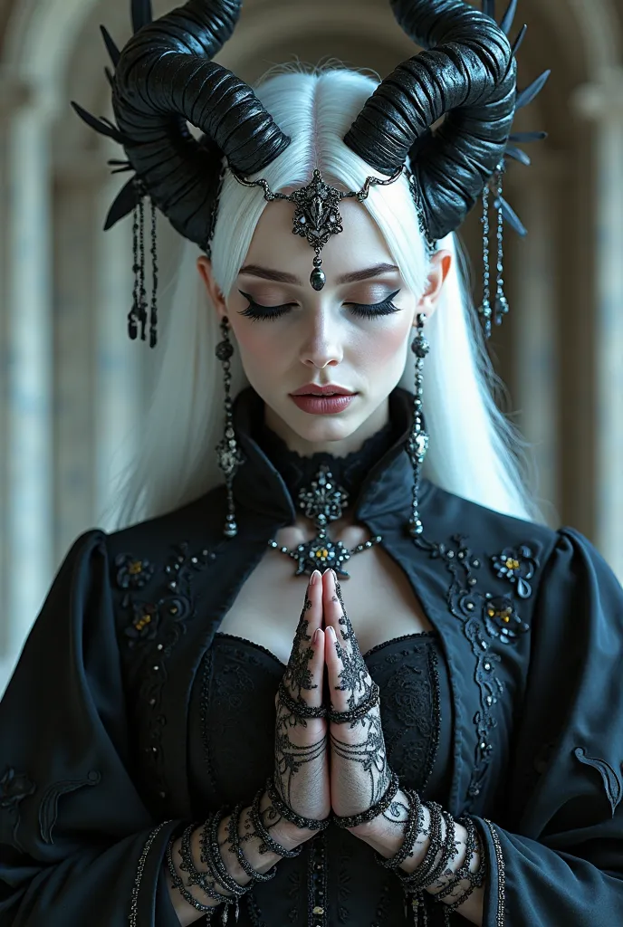 A gothic-inspired ethereal figure with pale porcelain skin, dressed in intricate dark attire. The character’s eyes are closed, hands pressed together in a solemn, prayer-like gesture, evoking mysticism and deep contemplation. They wear a striking black hea...