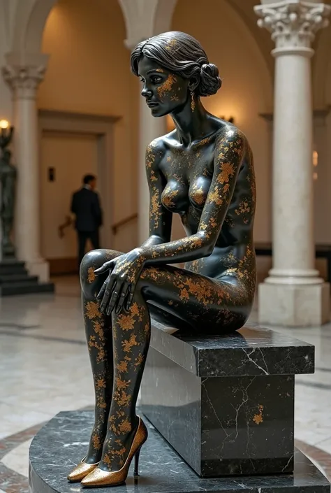  ON ALL FOURS STATUE GRANIT NOIR GRECQUE, MUSEUM, a SKINNY ADOLESCENTE, Jambes assises sur un banc de parc 、 portant des talons hauts , very detailed, beautiful detailed eyes, beautiful detailed lips, extremely detailed BREAST,GOLD MAKE UP BODY