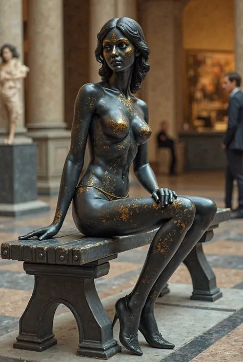  ON ALL FOURS STATUE GRANIT NOIR GRECQUE, MUSEUM, a SKINNY ADOLESCENTE, Jambes assises sur un banc de parc 、 portant des talons hauts , very detailed, beautiful detailed eyes, beautiful detailed lips, extremely detailed BREAST,GOLD MAKE UP BODY