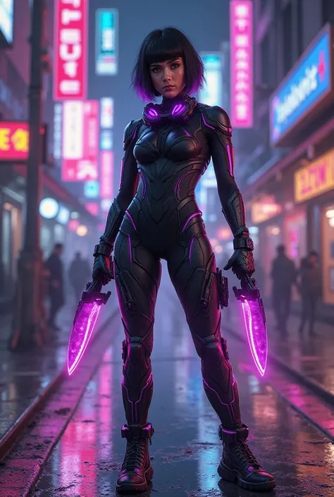 "Create a high-resolution, realistic image of Aira Dwiara, a 27-year-old tactical leader and infiltrator of a vigilante superhero group. She is an expert in hand-to-hand combat, using two karambit knives as her main weapons. Aira is wearing a sleek, form-f...