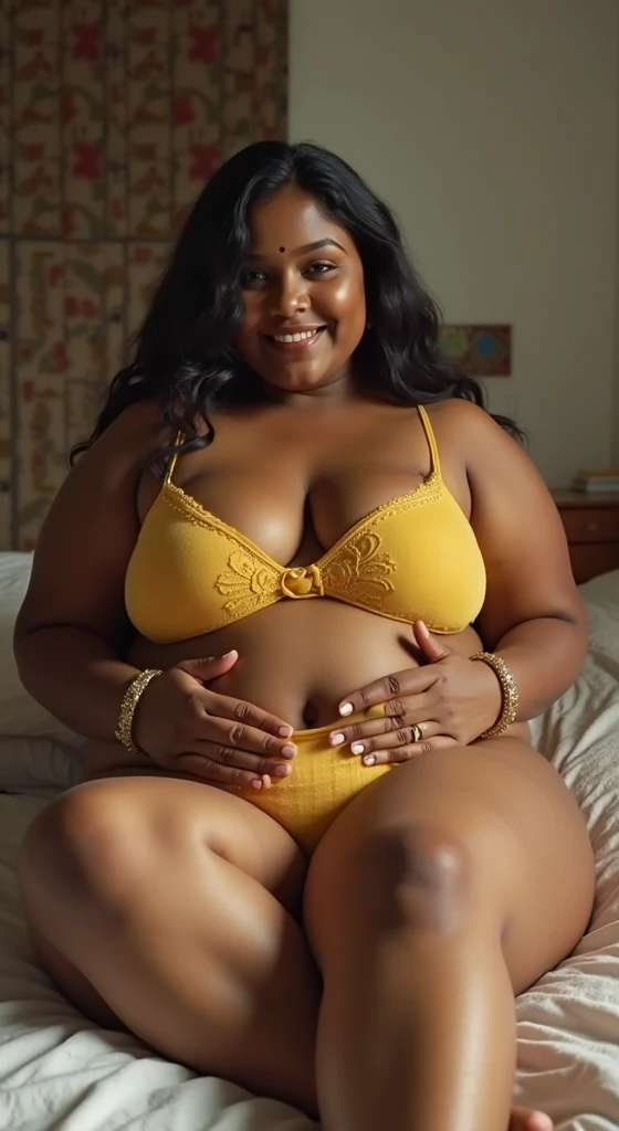 Realistic HD photo of a plus size indian woman age 25 years, voluptuous kerala aunty ,  one  boy doing oil massaging over her body. Lying on a bed wearing a yellow pantie and bra . Curvy  body very thick thighs , curvy waist and big breast