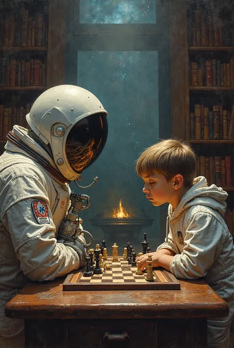 Boy playing chess with an astronaut.