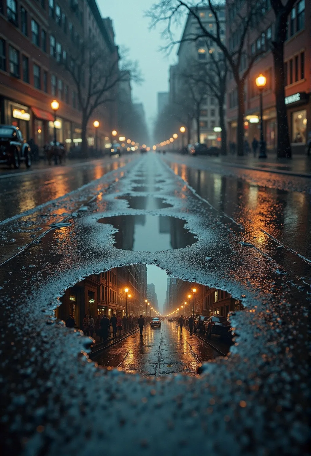 A rainy city street at night, where every puddle reflects a different version of the city from the past. One puddle shows cobblestone roads with horse-drawn carriages, another reveals a bustling 1920s scene with gas lamps and flapper fashion, while a third...