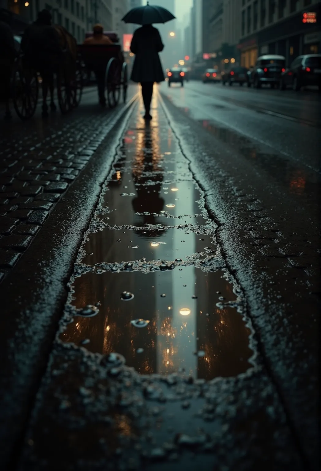 A rainy city street at night, where every puddle reflects a different version of the city from the past. One puddle shows cobblestone roads with horse-drawn carriages, another reveals a bustling 1920s scene with gas lamps and flapper fashion, while a third...