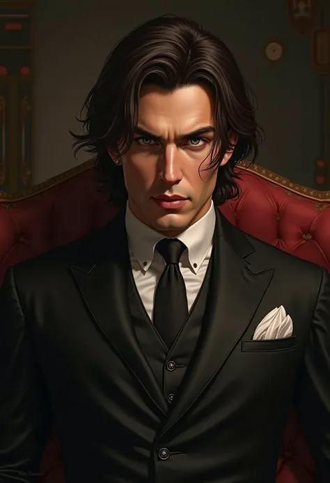 garpard uliel, dark brown shoulder length hair, sensual smile, gray eyes, wearing a well-tailored elegant suit, intricate details, realistic portrait, cinematic lighting, high contrast, dramatic shadows, warm color tones, photorealistic, award winning digi...