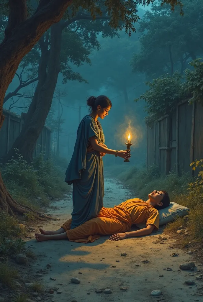 Upagupta ,the young disciple of Buddha wearing sage clothes, is lying on the side of dusty road of Mathura without any pillow or any other amenities in 3rd Century BC at a stormy night and a young woman is coming from behind and she trips over the sleeping...