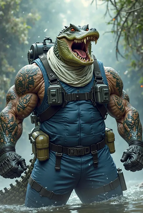 (A rugged beefy extremely muscular bulky snarling crocodile man), (wearing blue fully-zipped fullbody wetsuit), thumbs up pose, wearing bulky harness, wearing bulky scuba gear, wearing white hero scarf, muscular physique, toned muscles, fierce, heroic, act...