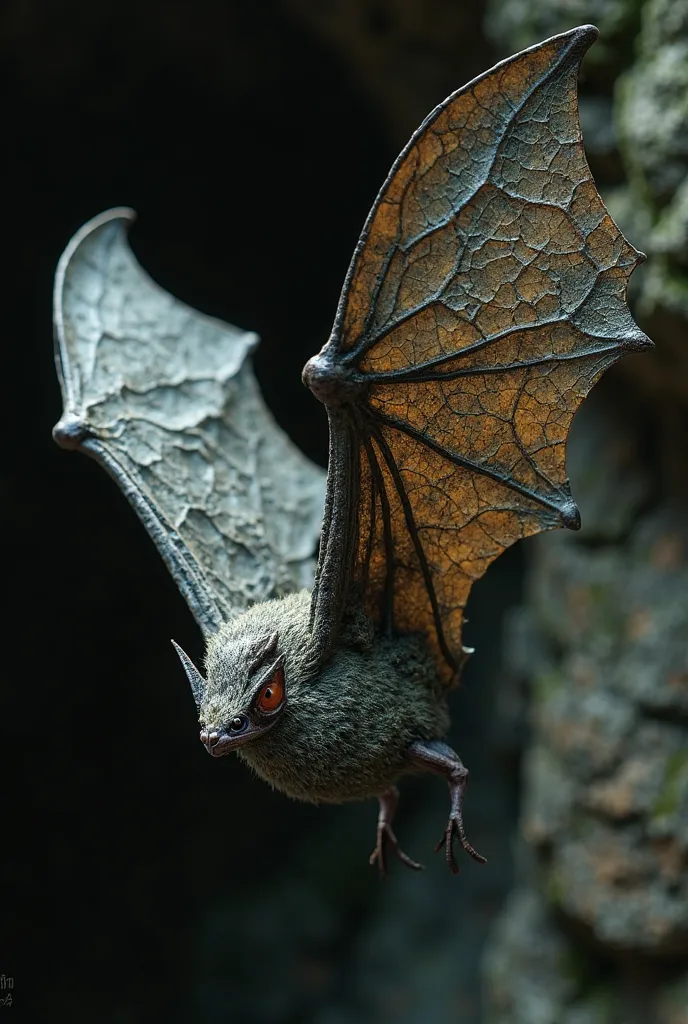 A bat with a detailed texture resembling rough, weathered stone. The bat is posed mid-flight, with its wings spread wide, showcasing intricate cracks and grooves that mimic the appearance of stone. The surface of its body is rugged and jagged, with subtle ...