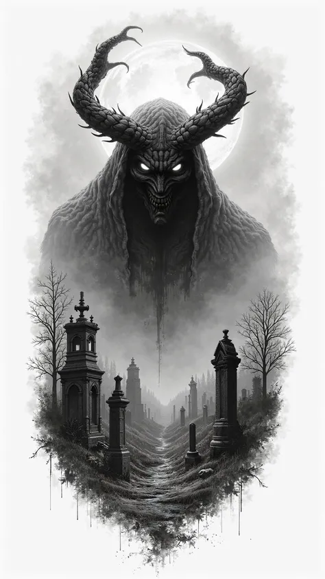 Endless evil energy. Realistic black and white demonic moon over an ancient cemetery. Tattoo sketch on white background.