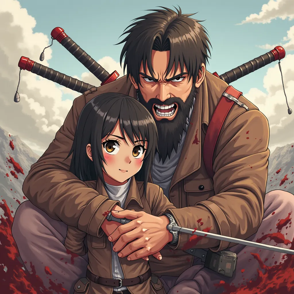  Anime-style illustration of Attack on Titans .  
Mikasa Ackerman looking straight ahead with an innocent face. Behind her in an attitude of defending her an 18-year-old boy, wild brown with a long beard. stocky but not fat  . Very handsome but with a thre...