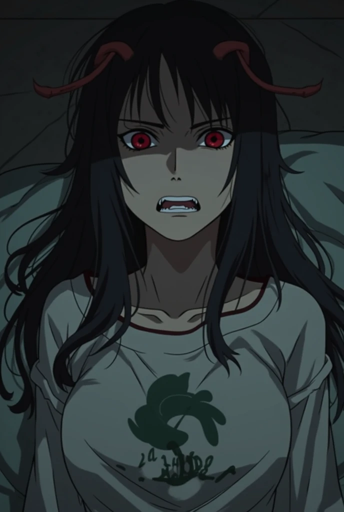  Screenshot of Naruto Shippuden , 18-year-old girl with normal bust, dressed in a mesh bust, Upstairs he has a shirt from La Aldea with an open leaf on his chest, long black hair but snakeheads show their teeth at the ends of their hair, Lying on a wall,  ...