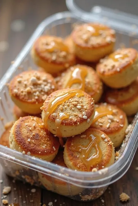 10 mini pancakes pieces portioned in a box plastic container with crushed grahams and drizzled caramel syrup on top