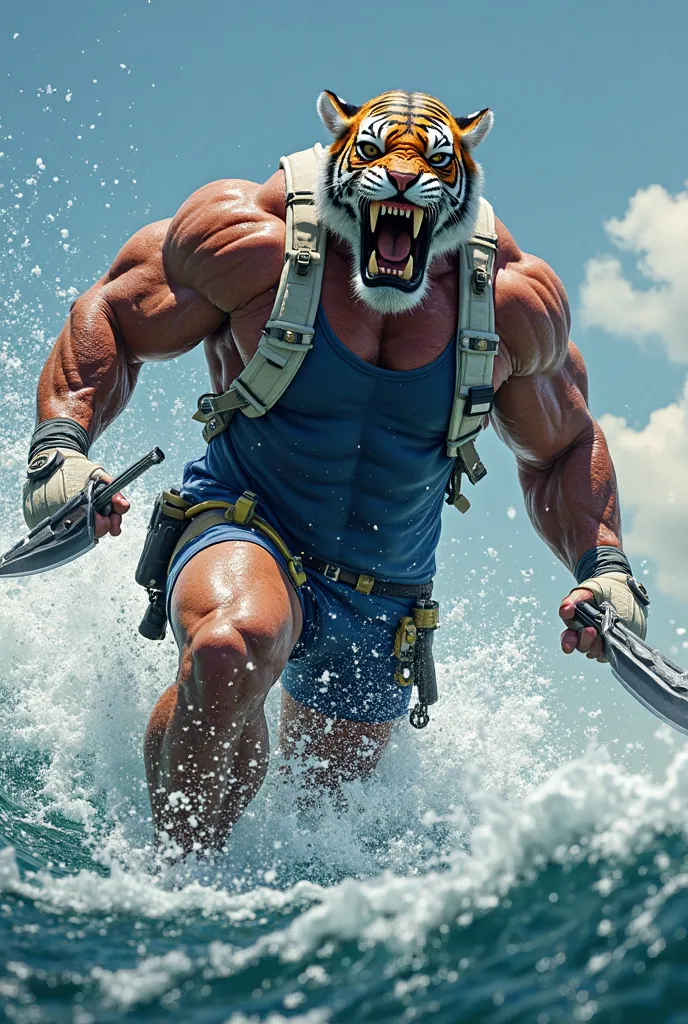 (A rugged beefy extremely muscular bulky angry old man), (wearing skintight blue fully-zipped short sleeve wetsuit with short swimming speedo that show his muscular thighs), (wearing realistic roaring tiger mask), jumping from the sea, attacking with 2 mil...