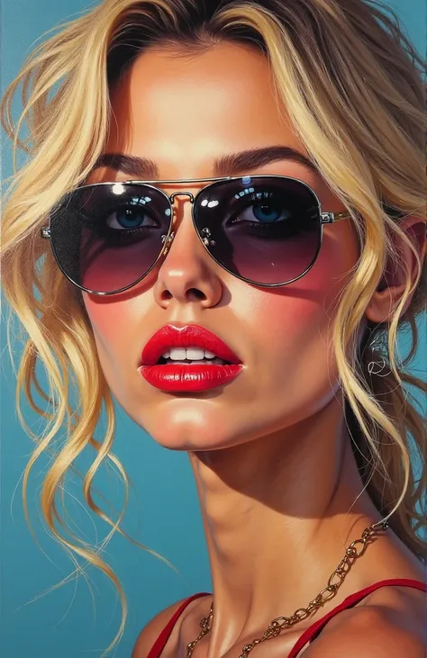 High-quality realistic acrylic art,  bright colors , bright cosmetics,  red lipstick, loose-haircut blonde hair,  detailed face, detailed lips, detailed eyes, aviator glasses with dark glasses, looks at us directly