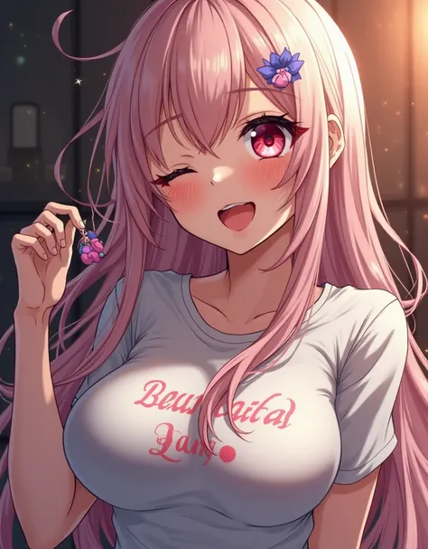  anime girl t-shirt, long hair, Masterpiece, dementia,  Precise, Detail, UHD,  breasts,  big breasts, blush, open mouth,  Split lips, language, ojos rosados, language fuera, saliva, spark, blush en toda la cara,  Wicked Smile , seductive smile,  moaning, p...