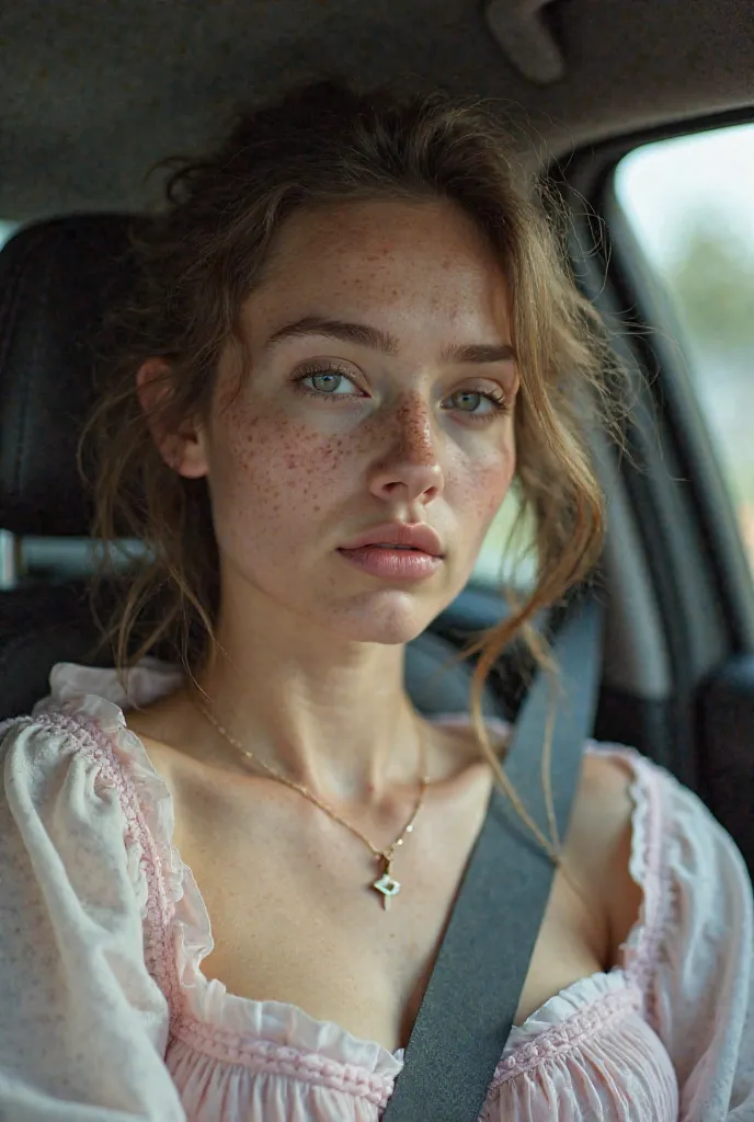 A  young woman with pale pink skin and intense freckles on her face is in the car, she is clearly asleep and has zero sleeves in the car and the clothes are almost completely open on her chest and yogun freckles on her face and her sheets are completely pi...