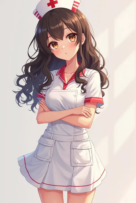 Young anime-style woman with long curly dark brown hair and light brown eyes,  long, plentiful lashes, full and sweet lips, aura serene and cute, Full-bodied dressed in a nurse's outfit, slightly highlighting the curves of her waist and legs.