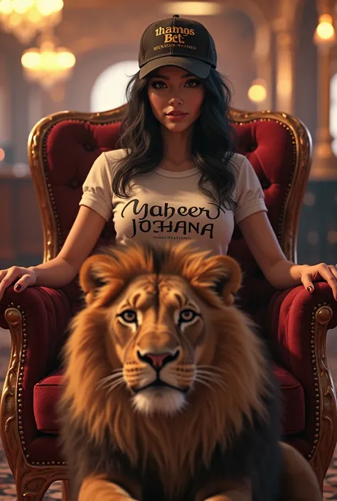 Casino background image , sexy girl sitting on an armchair and a lion at her feet , is wearing a t-shirt with the name CASHIER JOHANA , has a cap with the word thanos bet 