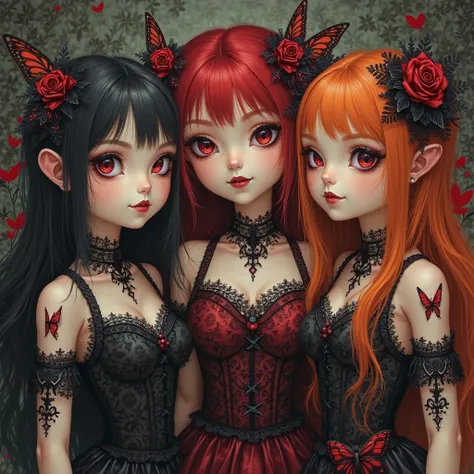 airbrushed artwork, Three gothic doll-like characters with
intricate lace, dark aesthetics, and unique
features: black hair with red accents, red
hair with roses, and orange hair with
butterfly and heart motifs. Dark, enchanting
atmosphere.