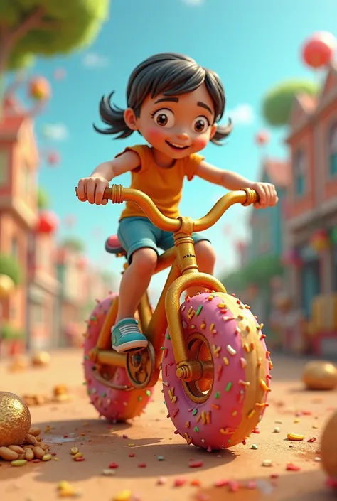 Can you generate a human riding a bike but the bike is made by unhealthy foods? Animated picture or cartoon 