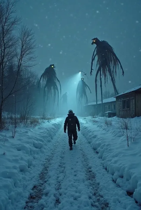 "A frozen landscape in Poland, covered in thick ice and snow, with a dark and eerie atmosphere. Strange, otherworldly creatures with elongated limbs and glowing eyes emerge from the icy fog, surrounding the area. A lone figure, dressed in winter gear, is s...