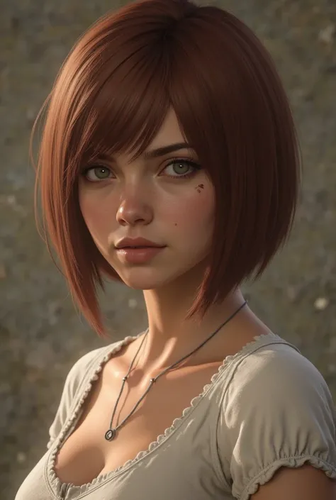 Red Dead Redemption 3 game graphic style, 31 year old woman with short, straight brown-red hair reaching to the neck with bangs falling on the forehead, gray eyes, a small scar on the left cheek, dressed in a white dress