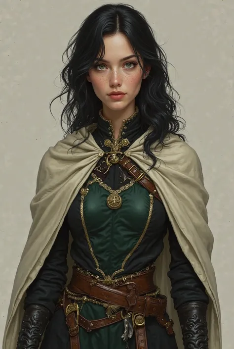 She has wavy black hair that falls softly over her shoulders,  framing a face with delicate features , but expressive. Her greenish eyes carry a penetrating and determined look. Your fair skin, marked by light freckles. Her costume is a mix of elegance and...