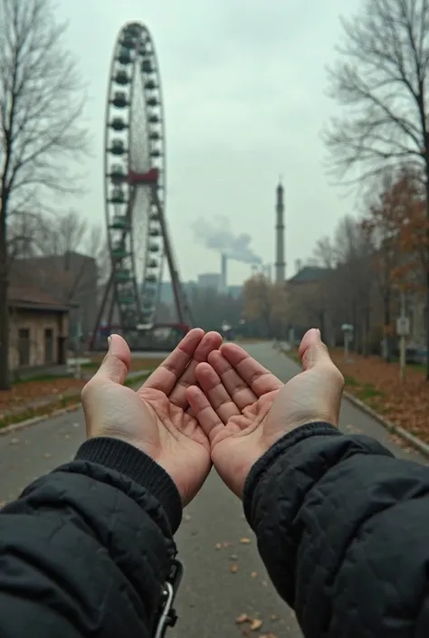 "A viewpoint looking out over the central square of Pripyat, with the focus on the observer's hands. With the Ferris wheel in the background, not yet activated. An eerie silence hangs over the place, and the wind makes the leaves fall slowly. On the horizo...