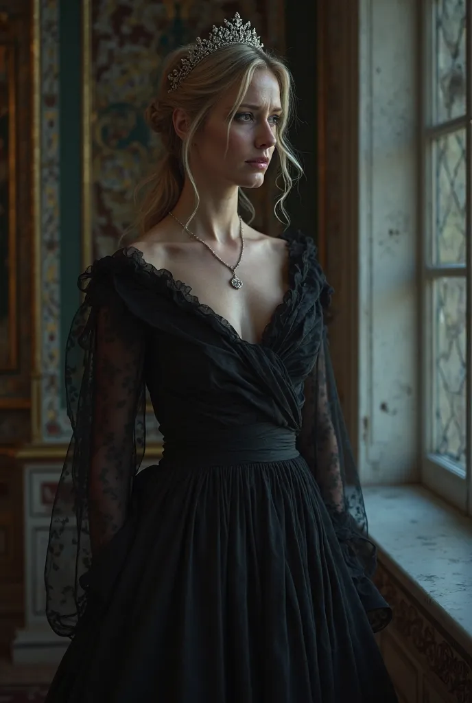 Queen of Sweden, Blonde, Scandinavian Woman, in a black dress, Looks out from her palace into the darkness of the night and cries but cries of happiness, cries tears of joy, looks into the distance and breathes deeply, 8K Ultra HD