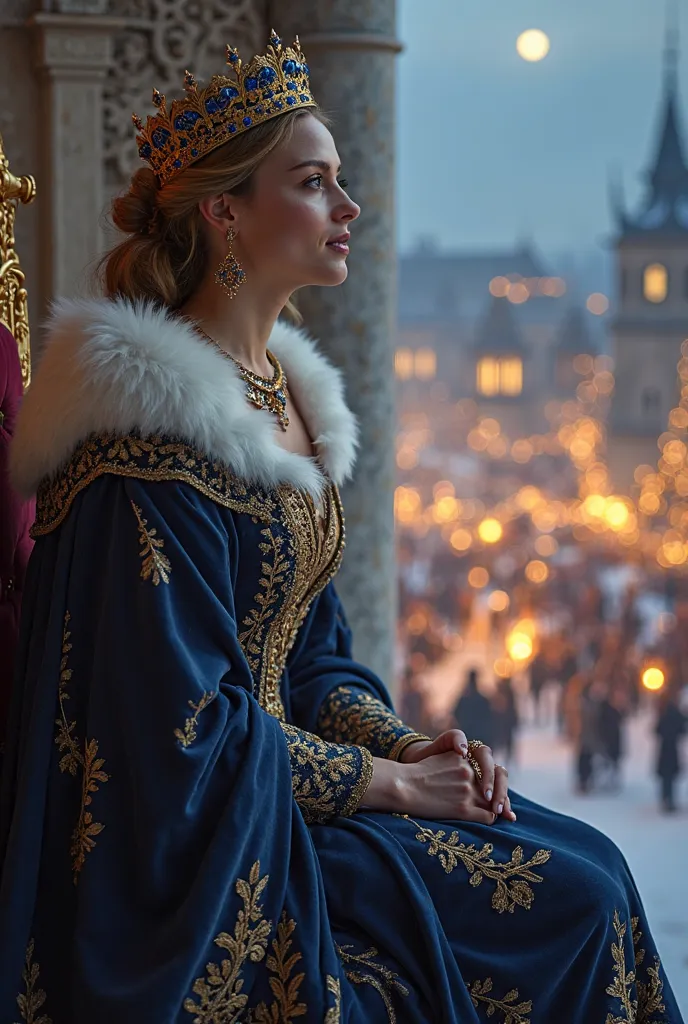 In stunning 8K Ultra HD, a majestic Swedish queen sits on her grand throne, gazing over her vast empire from the palace balcony. The cold moonlight bathes her in silver as she looks upon the glowing full moon, standing high over her joyous kingdom. Below, ...