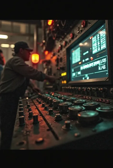 "Point of view inside a plant control panel, with steel buttons and levers. The digital display begins to show strange values, with flashing numbers and warning lights that start to flash. The other workers are around,  with worried expressions , trying to...