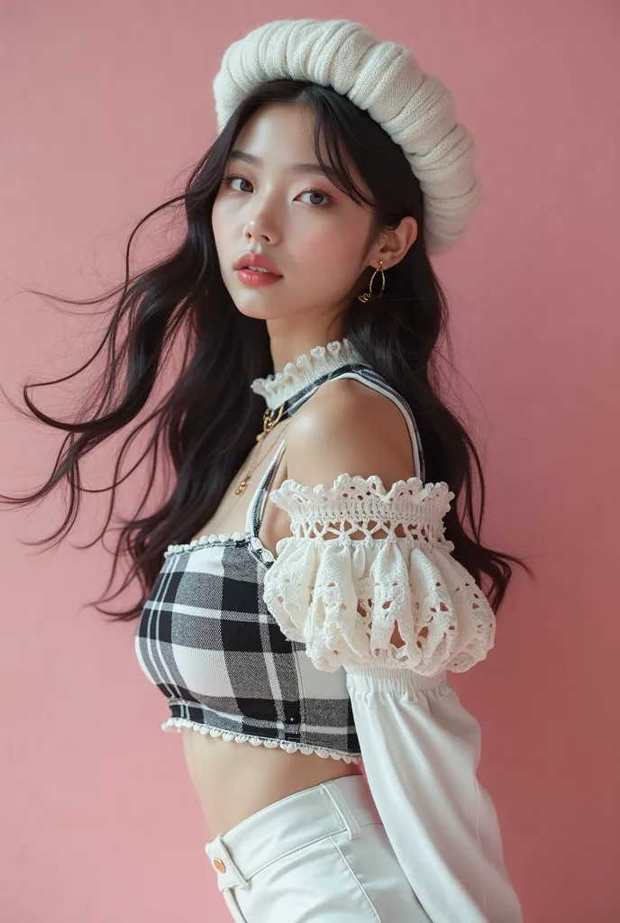 full-body, Centered full shot, K-pop idol fashionist Korean female model called "Aimeé Soae Jin", beautiful soft pale skin, with beautiful silky straight black hair, small earrings, white crochet French beret, white, gray and black plaid top crochet blouse...