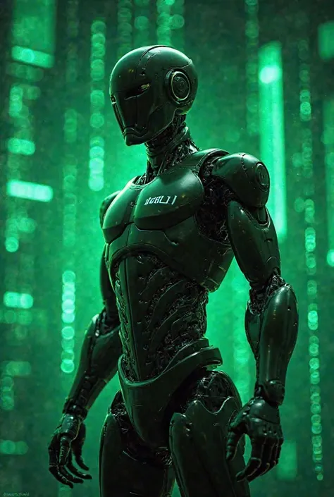 A futuristic dark green robot with a sleek, glowing metallic body, standing in front of a blurred neon green background. The author's name, 'Yasser Fadel,' is placed below in a modern, tech-style font. Glowing programming code (Python & HTML) flows dynamic...