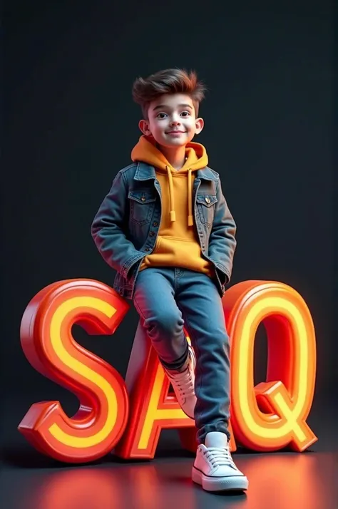 Create a 3D vibrant 3D scene with smart graphic and a handsome boy sitting casually on the SAQ name in large 3D text. Dress him in trendy casual attire like jeans, a jacket, an sneakers. The background should black wall mak sure name is not misspelled. 
