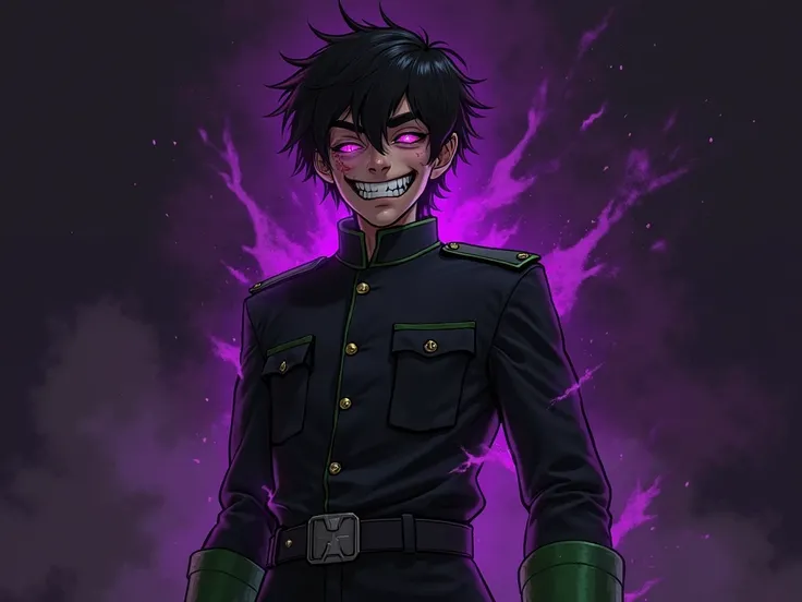 A 17-year-old male ager, purple and green eyes. Dressed in a simple black military uniform with green cuffs. He is small and frail. He is injured but has a powerful purple aura emanating from him. the background is dark. éclaboussures de sang sur son unifo...