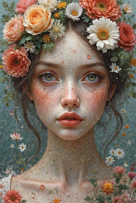 Create a picture of a girl face out of flowers,  detailed, picturesque,  Masterpiece   