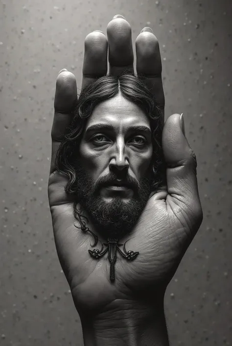 Make a black and gray tattoo in white, black and gray of a face of Christ in one hand only in the hand 