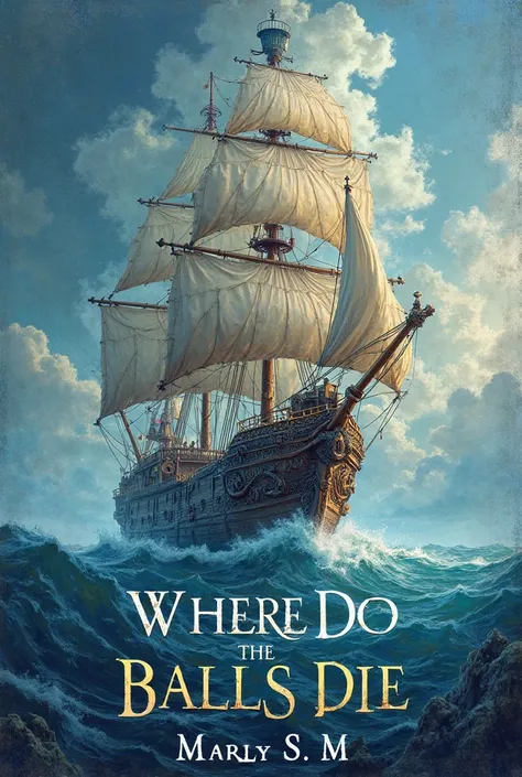 A cover for a book of the sea with a creative ship and that the title is "Where do balls die" And underneath my name"marly S. m"