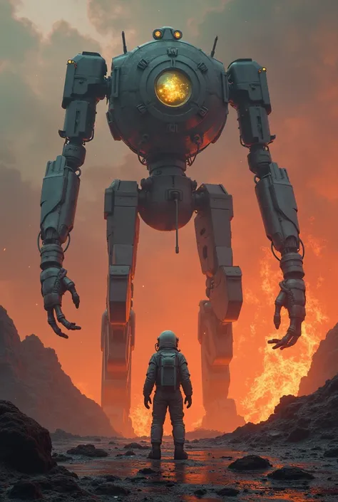 "The astronaut stands before towering mechanical giants, their dark metallic bodies gleaming under the fiery glow of the lava. Their articulated armor shifts seamlessly as they move, and their skeletal hands twitch with eerie precision. Their smooth, featu...