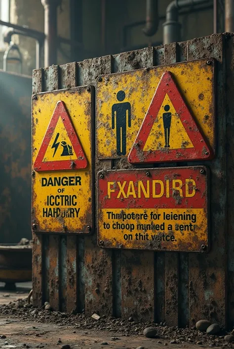 A realistic image of electrical safety warning signs, including high voltage, danger of electric shock, and grounding symbols, placed on an industrial background.