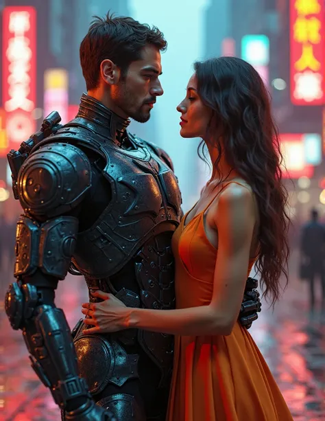 Create a handsome man of a military future in an exoskeleton holding a beautiful brunette woman in an orange dress against the background of the city of the future in neon lights,  Cyberpunk style , is extremely realistic,  detailed,  Masterpiece 