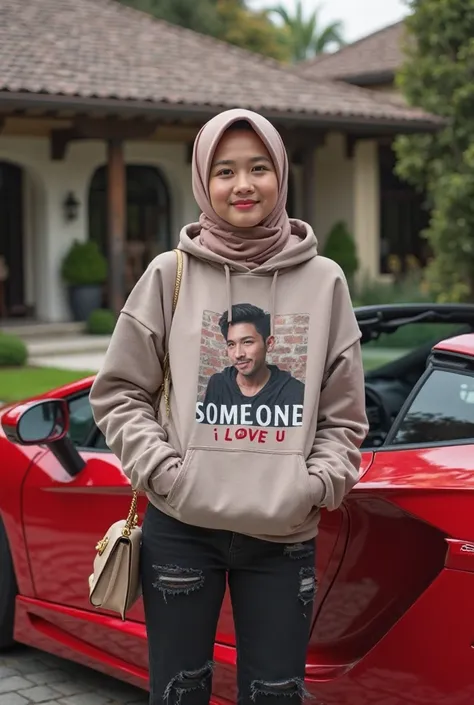 closeup photo of a beautiful Korean woman wearing a hijab smiling faintly at the camera, wearing a Reed hoodie t-shirt with a photo of a handsome man and the words, SOMEONE i love u"wearing black jeans with a torn pattern and carrying a Hermes brand sling ...