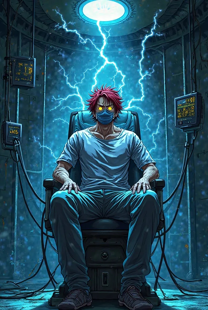 Create an intense scene in the anime line/manga in the style of One Piece, with expressive lines and dramatic shading. The prison room is highly technological, with dark walls and cold lights flashing.  in the center, an advanced electric chair securely ho...