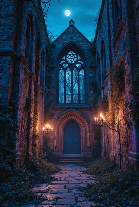 Night aerial view of an old abandoned Gothic church, with deteriorated stone façade, broken windows and vines. The scene is illuminated by a faint moonlight and lanterns, with a VHS filter that provides grain, distortion and saturated colors in neon blue a...