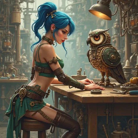 Steampunk female tinkerer, blue ponytail, green/brown/black crop top and skirt with gadgets and detailing, workbench setting with a partially assembled mechanical owl on the workbench 