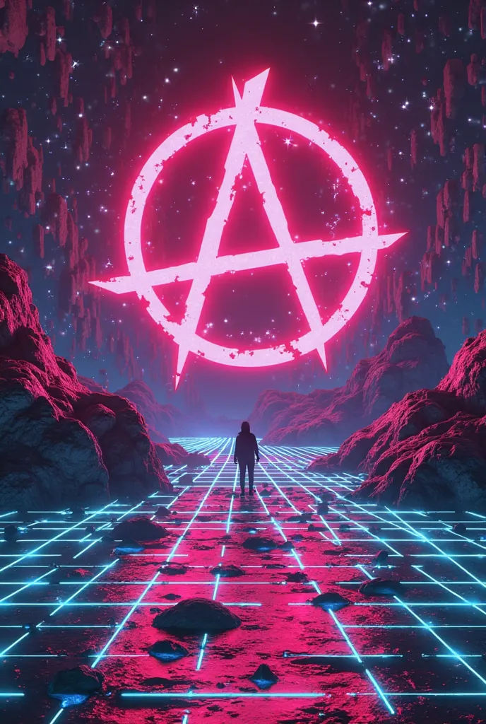 Anarchy symbol in synthwave aesthetic