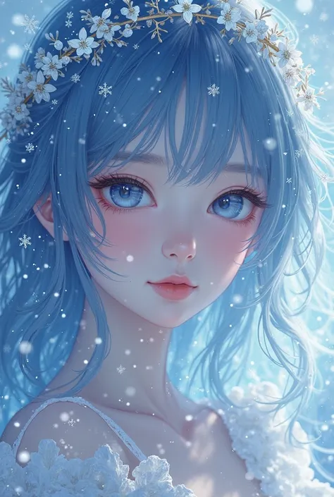 Create a beautiful anime girl that looks in a blue hail snow like skin