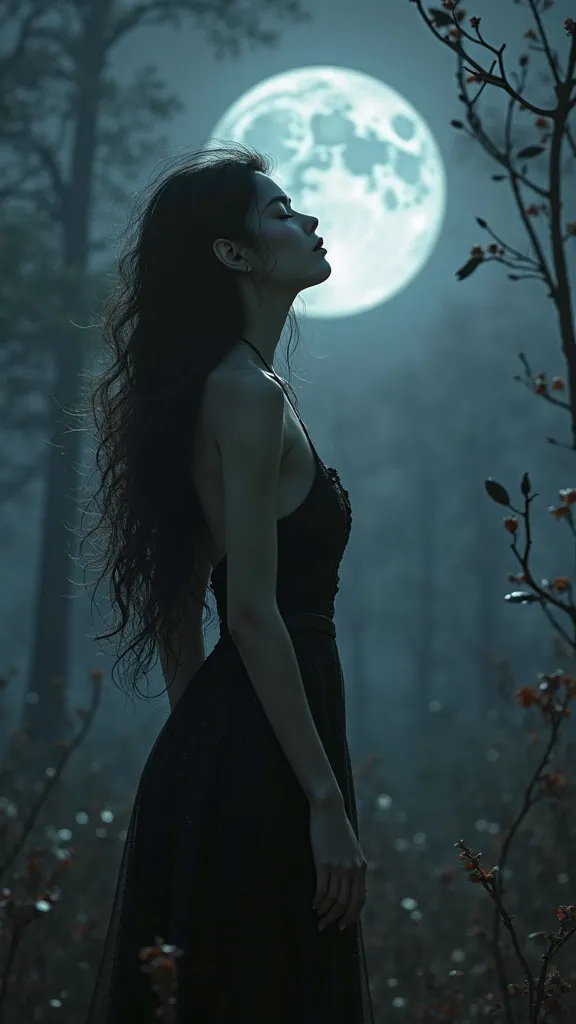 Nude pretty Asian-looking dark witch at night by moonlight