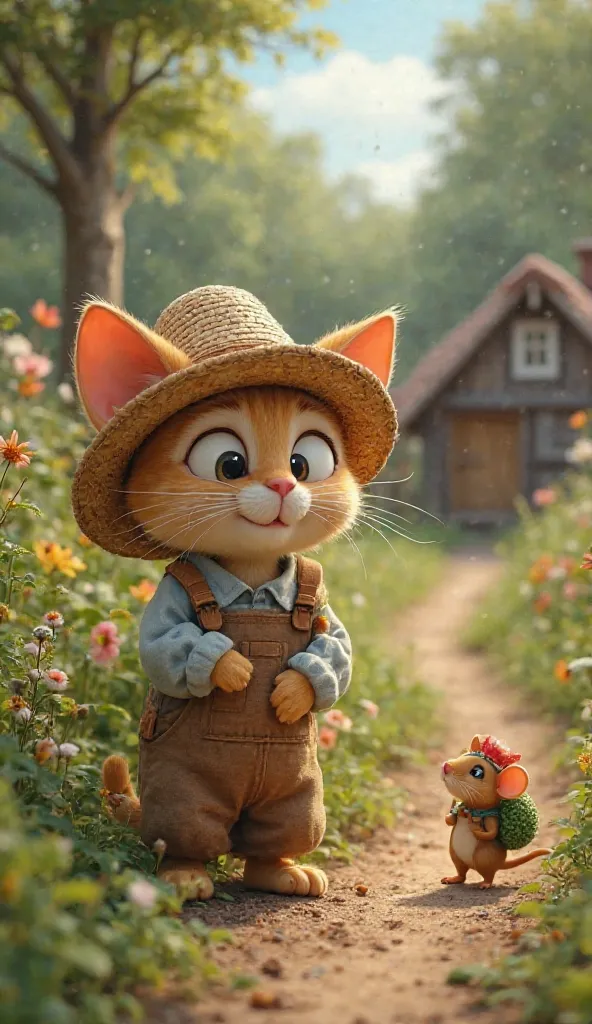 The same anthropomorphic cat with his straw hat And a farmer's apron lies on the edge of his vegetable garden, calling his friend a mouse. He has a hand in his mouth, as if he were screaming in the distance. His expression is friendly and lively. in the di...