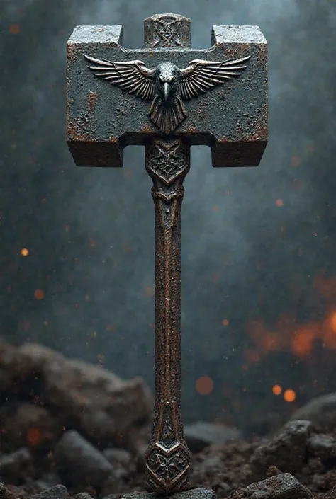 War hammer with a raven inscription 